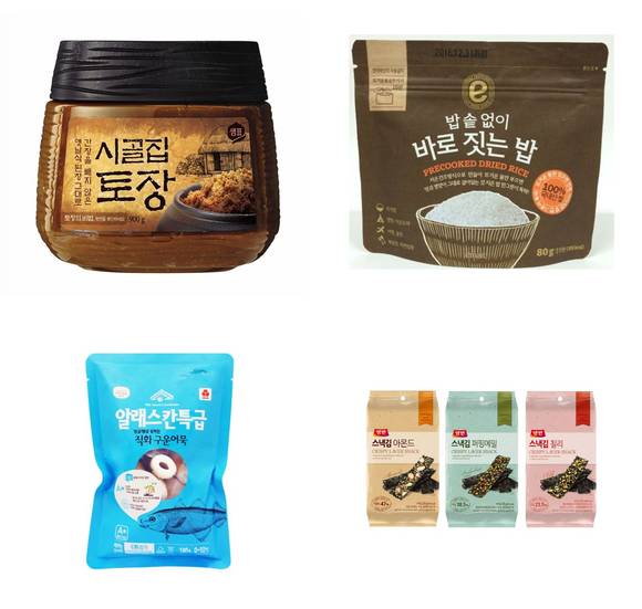 사진 왼쪽부터 시계 방향으로)샘표 ‘시골집토장’, 풀무원 ‘알래스칸특급 직화구운 어묵’, 동원F&B의 ‘양반 스낵김’.