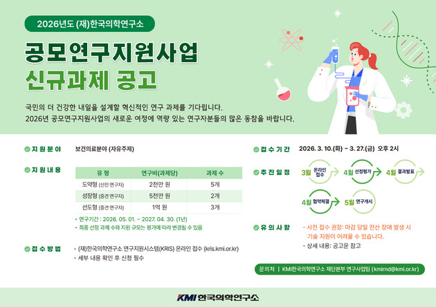 KMI한국의학연구소, 2026년도 연구지원사업 과제 공모